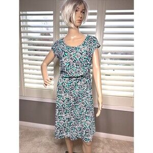 LANDS END SZ MEDIUM dress Blue Green Cotton Modal Spandex short sleeve stretch